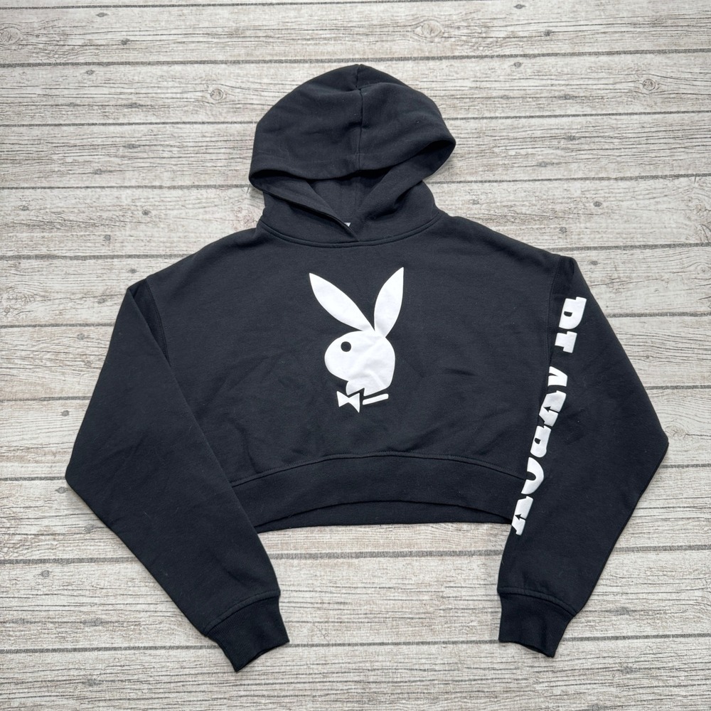 Playboy Hoodie Women's XS Black Bunny Graphic Cropped Boxy Fit Fleece Pullover